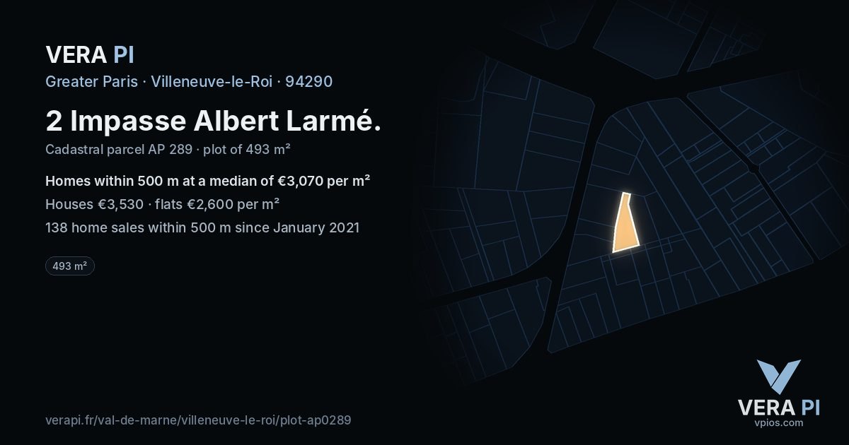 2 Impasse Albert Larmé, Villeneuve-le-Roi at night – the plot lit, the parcels around coloured by the prices near them