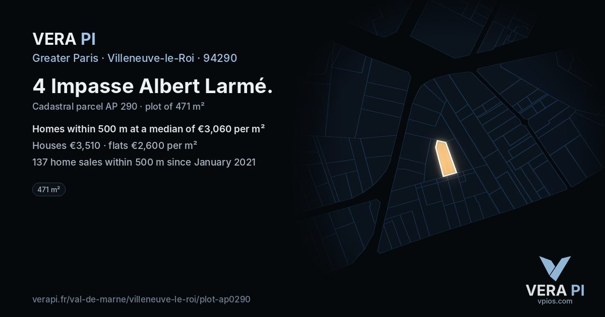 4 Impasse Albert Larmé, Villeneuve-le-Roi at night – the plot lit, the parcels around coloured by the prices near them