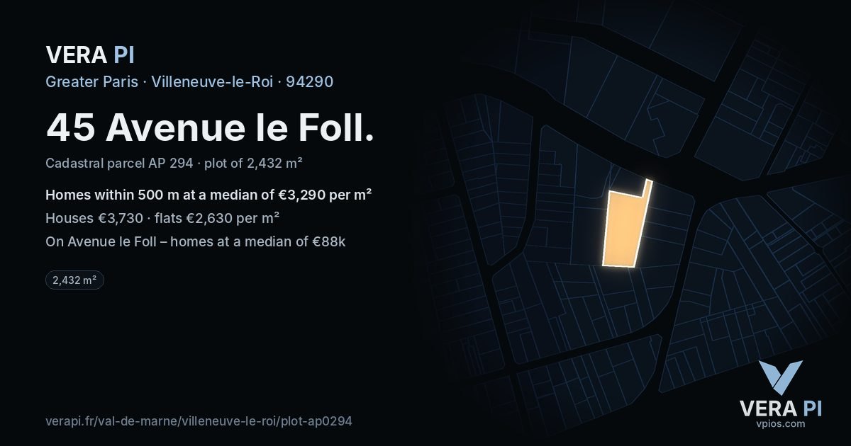 45 Avenue le Foll, Villeneuve-le-Roi at night – the plot lit, the parcels around coloured by the prices near them