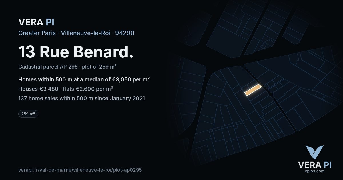13 Rue Benard, Villeneuve-le-Roi at night – the plot lit, the parcels around coloured by the prices near them