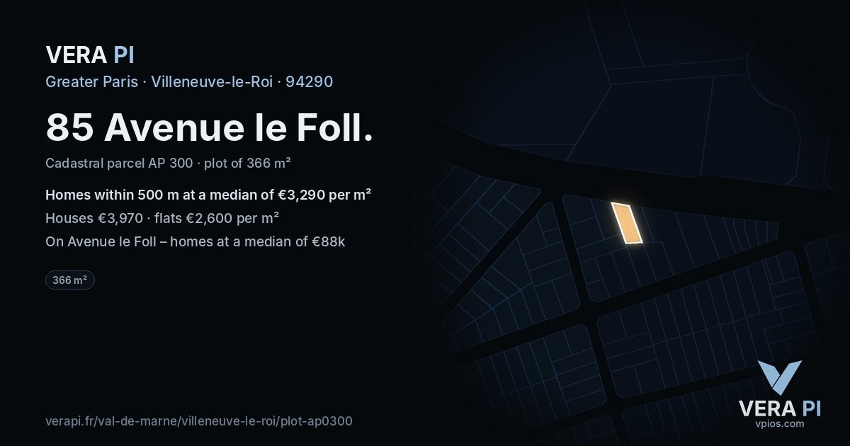 85 Avenue le Foll, Villeneuve-le-Roi at night – the plot lit, the parcels around coloured by the prices near them