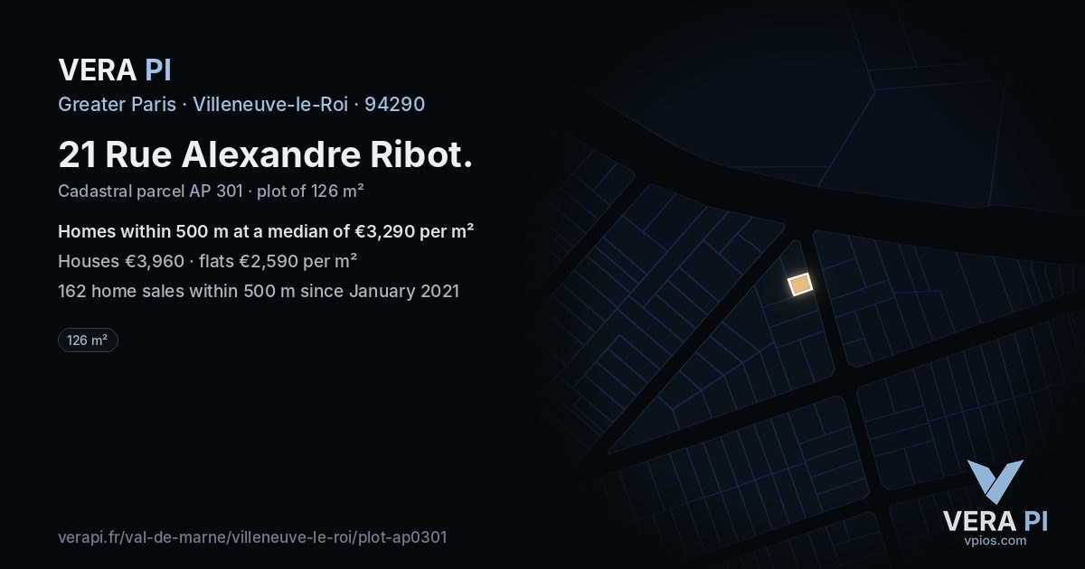 21 Rue Alexandre Ribot, Villeneuve-le-Roi at night – the plot lit, the parcels around coloured by the prices near them