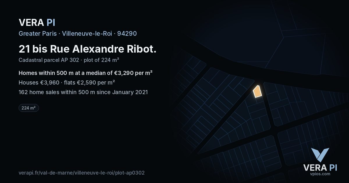 21 bis Rue Alexandre Ribot, Villeneuve-le-Roi at night – the plot lit, the parcels around coloured by the prices near them