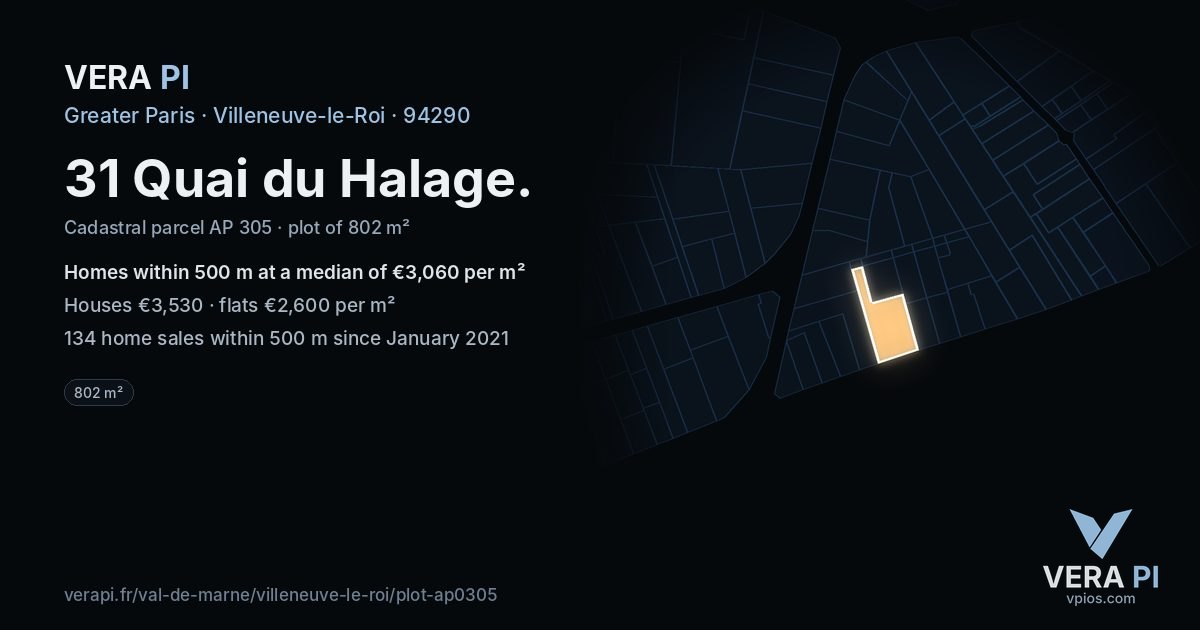 31 Quai du Halage, Villeneuve-le-Roi at night – the plot lit, the parcels around coloured by the prices near them