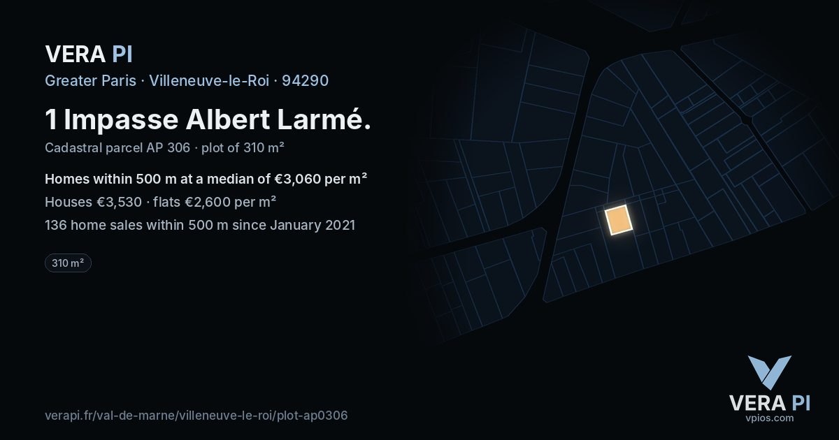 1 Impasse Albert Larmé, Villeneuve-le-Roi at night – the plot lit, the parcels around coloured by the prices near them