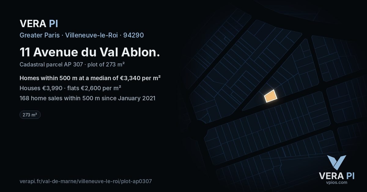 11 Avenue du Val Ablon, Villeneuve-le-Roi at night – the plot lit, the parcels around coloured by the prices near them
