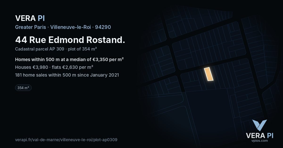 44 Rue Edmond Rostand, Villeneuve-le-Roi at night – the plot lit, the parcels around coloured by the prices near them