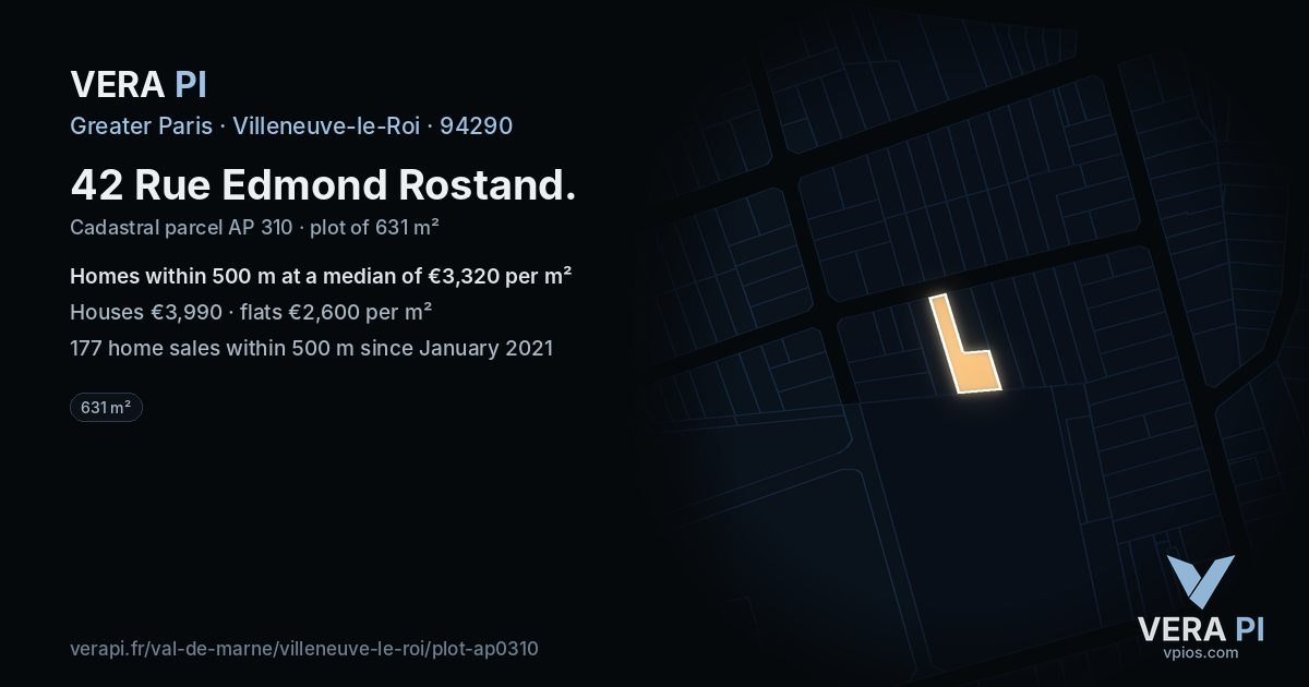 42 Rue Edmond Rostand, Villeneuve-le-Roi at night – the plot lit, the parcels around coloured by the prices near them
