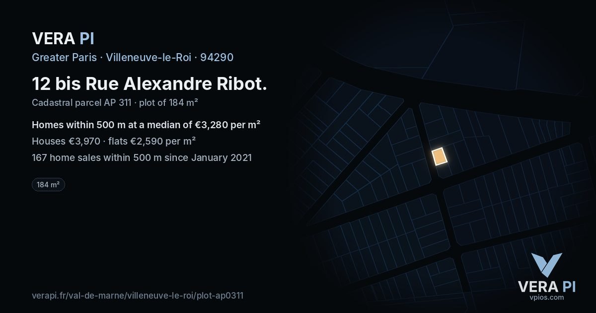12 bis Rue Alexandre Ribot, Villeneuve-le-Roi at night – the plot lit, the parcels around coloured by the prices near them