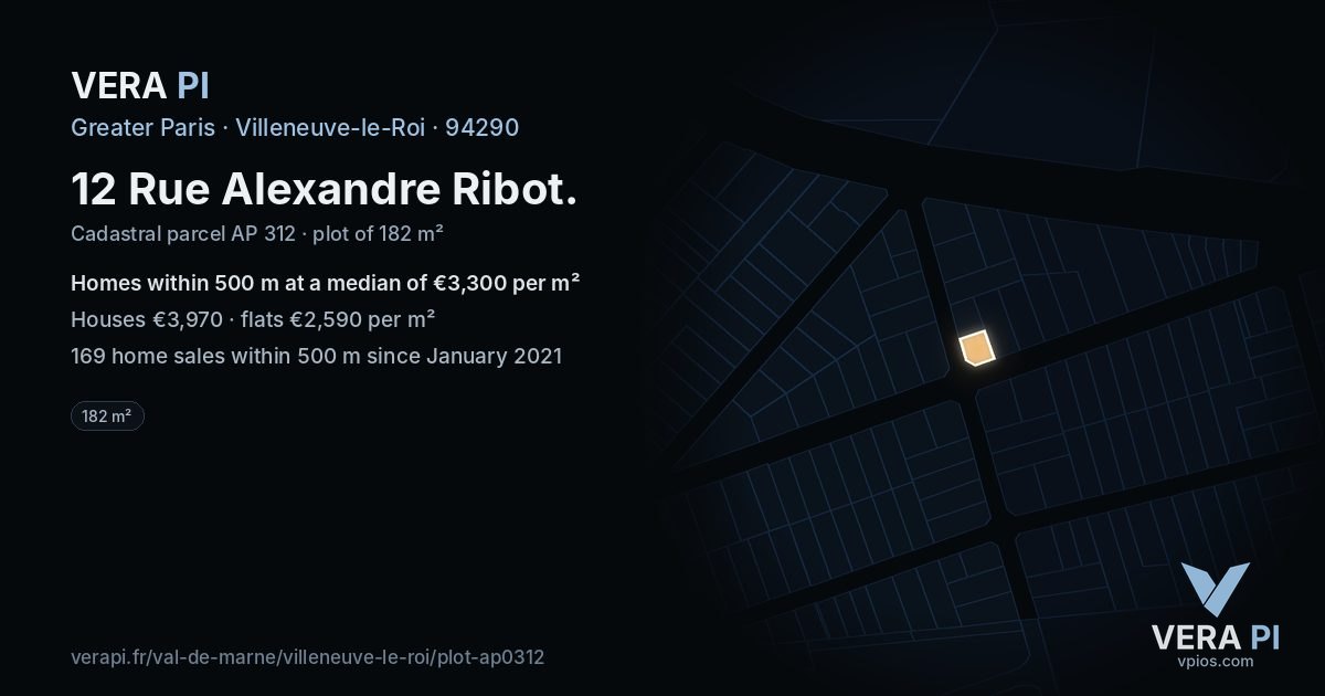 12 Rue Alexandre Ribot, Villeneuve-le-Roi at night – the plot lit, the parcels around coloured by the prices near them