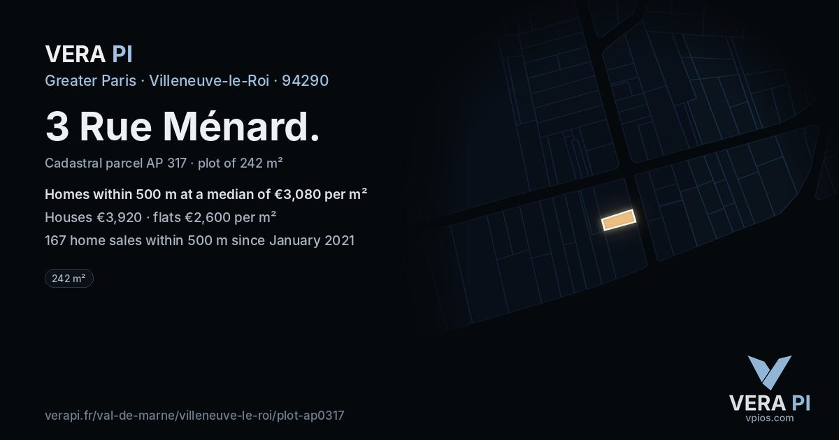 3 Rue Ménard, Villeneuve-le-Roi at night – the plot lit, the parcels around coloured by the prices near them