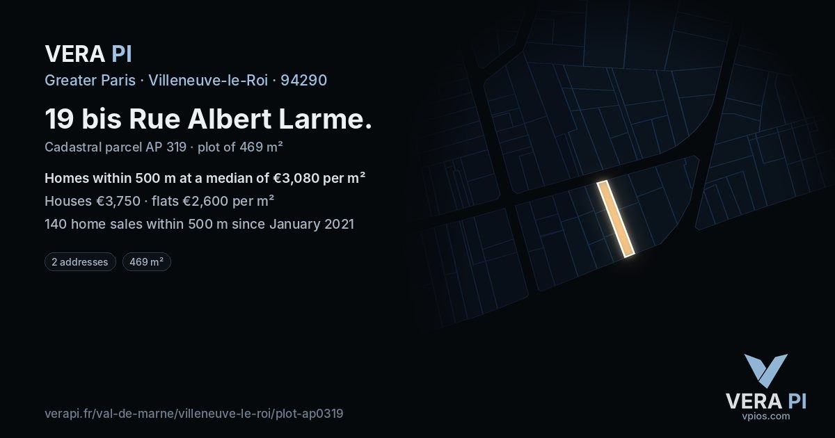 19 bis Rue Albert Larme, Villeneuve-le-Roi at night – the plot lit, the parcels around coloured by the prices near them