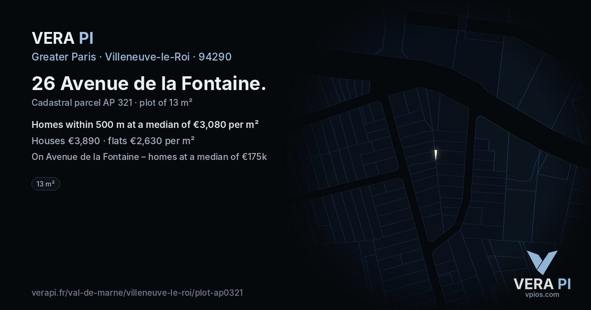 26 Avenue de la Fontaine, Villeneuve-le-Roi at night – the plot lit, the parcels around coloured by the prices near them