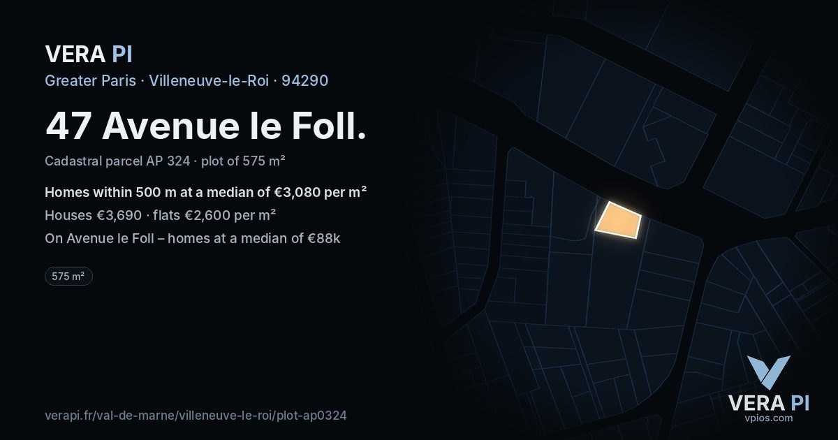 47 Avenue le Foll, Villeneuve-le-Roi at night – the plot lit, the parcels around coloured by the prices near them