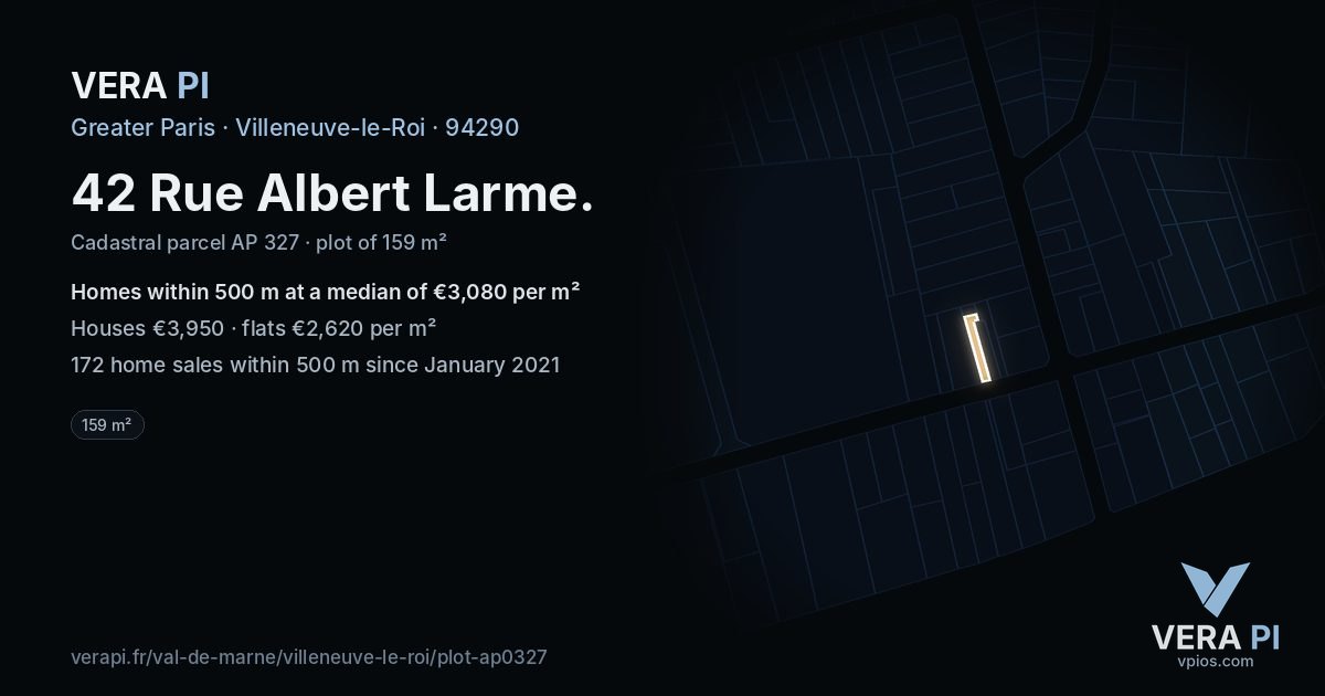 42 Rue Albert Larme, Villeneuve-le-Roi at night – the plot lit, the parcels around coloured by the prices near them
