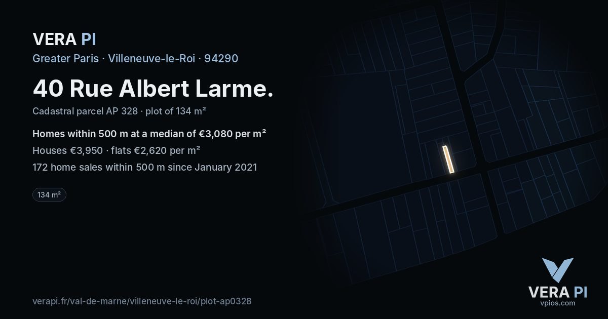 40 Rue Albert Larme, Villeneuve-le-Roi at night – the plot lit, the parcels around coloured by the prices near them