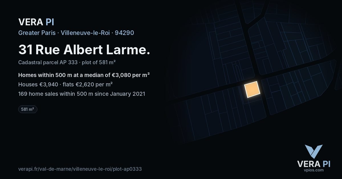 31 Rue Albert Larme, Villeneuve-le-Roi at night – the plot lit, the parcels around coloured by the prices near them