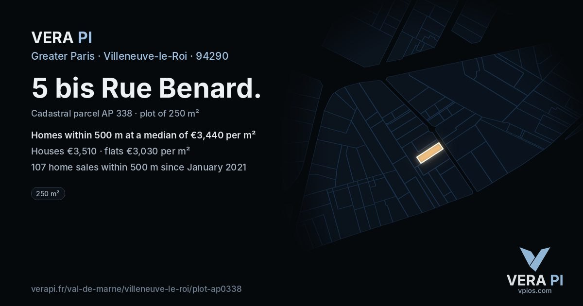 5 bis Rue Benard, Villeneuve-le-Roi at night – the plot lit, the parcels around coloured by the prices near them