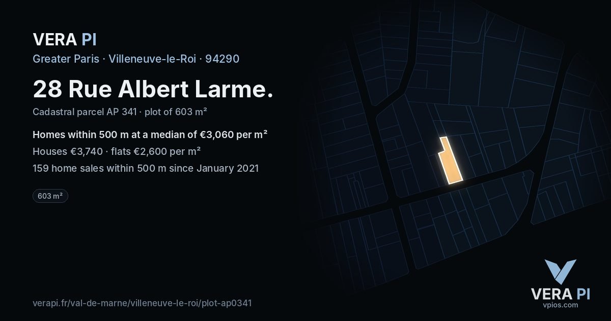 28 Rue Albert Larme, Villeneuve-le-Roi at night – the plot lit, the parcels around coloured by the prices near them