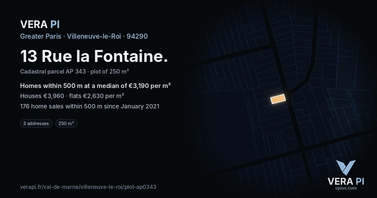 13 Rue la Fontaine, Villeneuve-le-Roi at night – the plot lit, the parcels around coloured by the prices near them