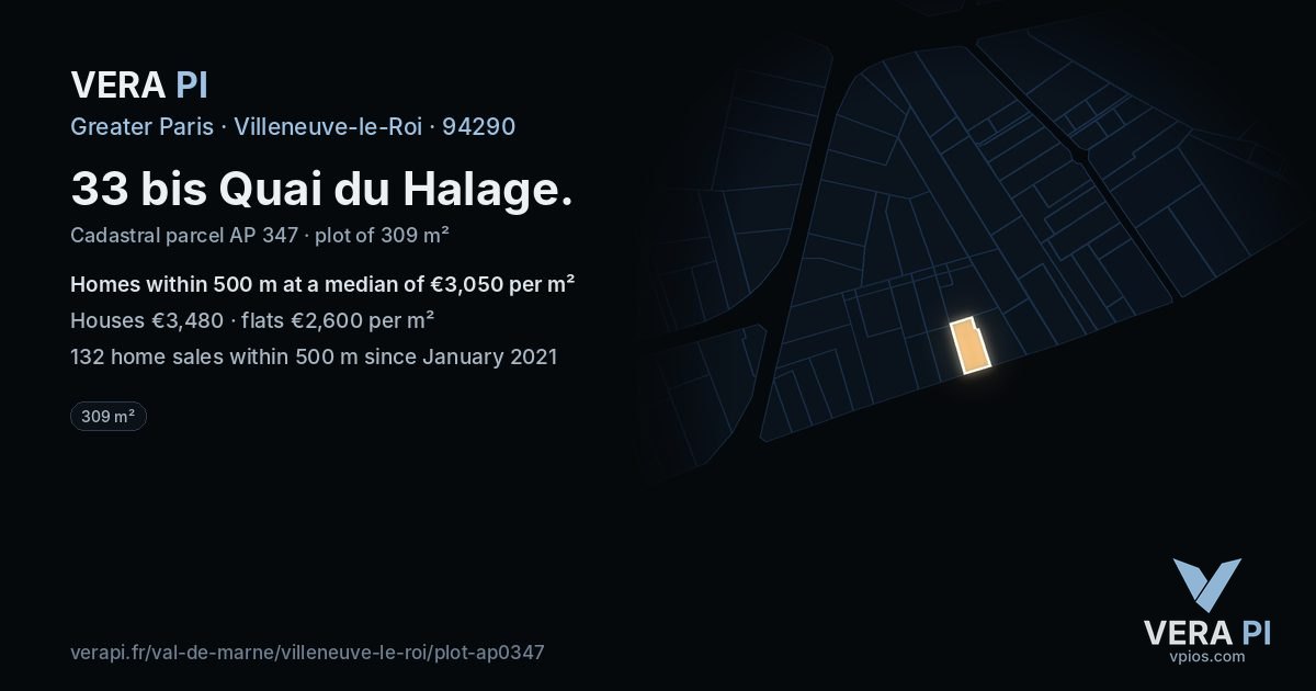 33 bis Quai du Halage, Villeneuve-le-Roi at night – the plot lit, the parcels around coloured by the prices near them