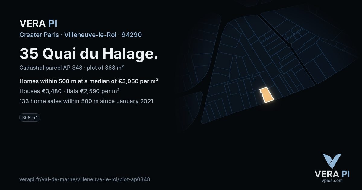 35 Quai du Halage, Villeneuve-le-Roi at night – the plot lit, the parcels around coloured by the prices near them