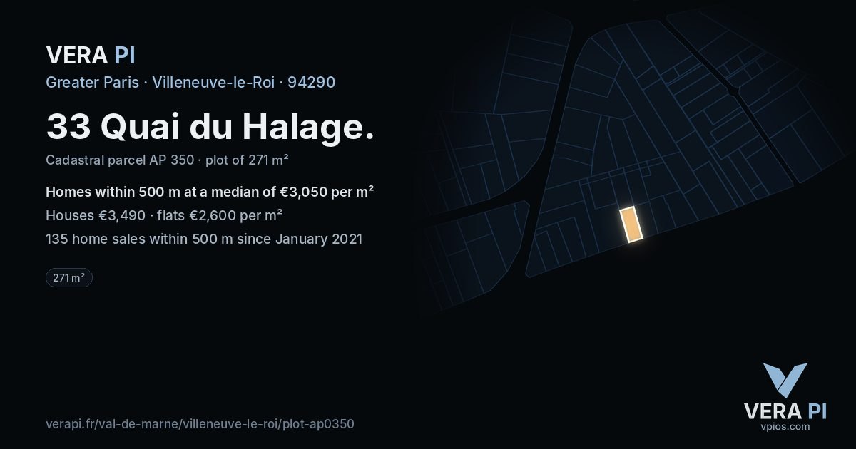 33 Quai du Halage, Villeneuve-le-Roi at night – the plot lit, the parcels around coloured by the prices near them