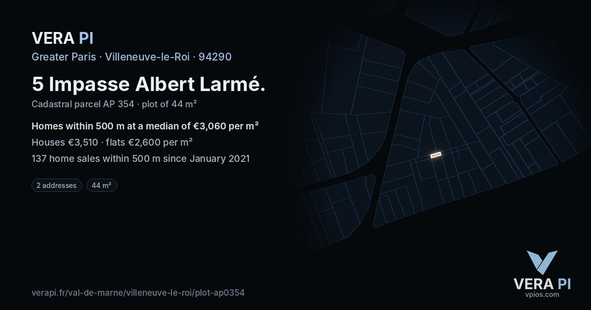 5 Impasse Albert Larmé, Villeneuve-le-Roi at night – the plot lit, the parcels around coloured by the prices near them