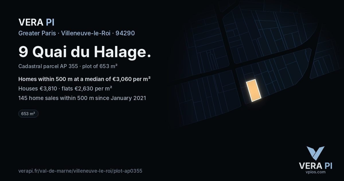 9 Quai du Halage, Villeneuve-le-Roi at night – the plot lit, the parcels around coloured by the prices near them