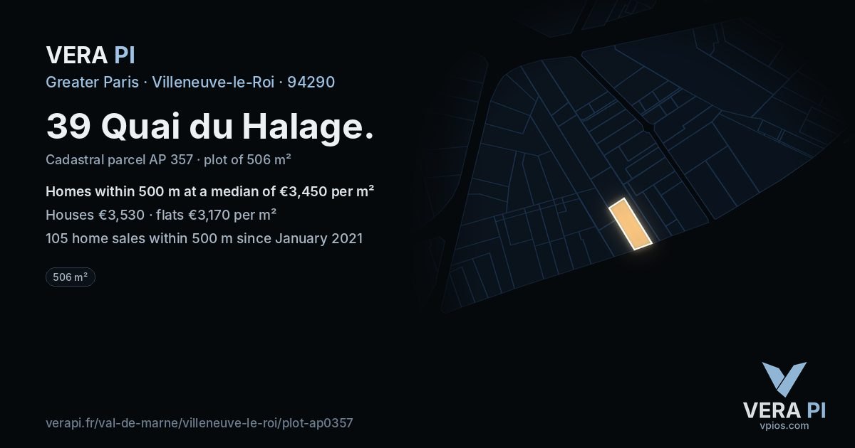 39 Quai du Halage, Villeneuve-le-Roi at night – the plot lit, the parcels around coloured by the prices near them