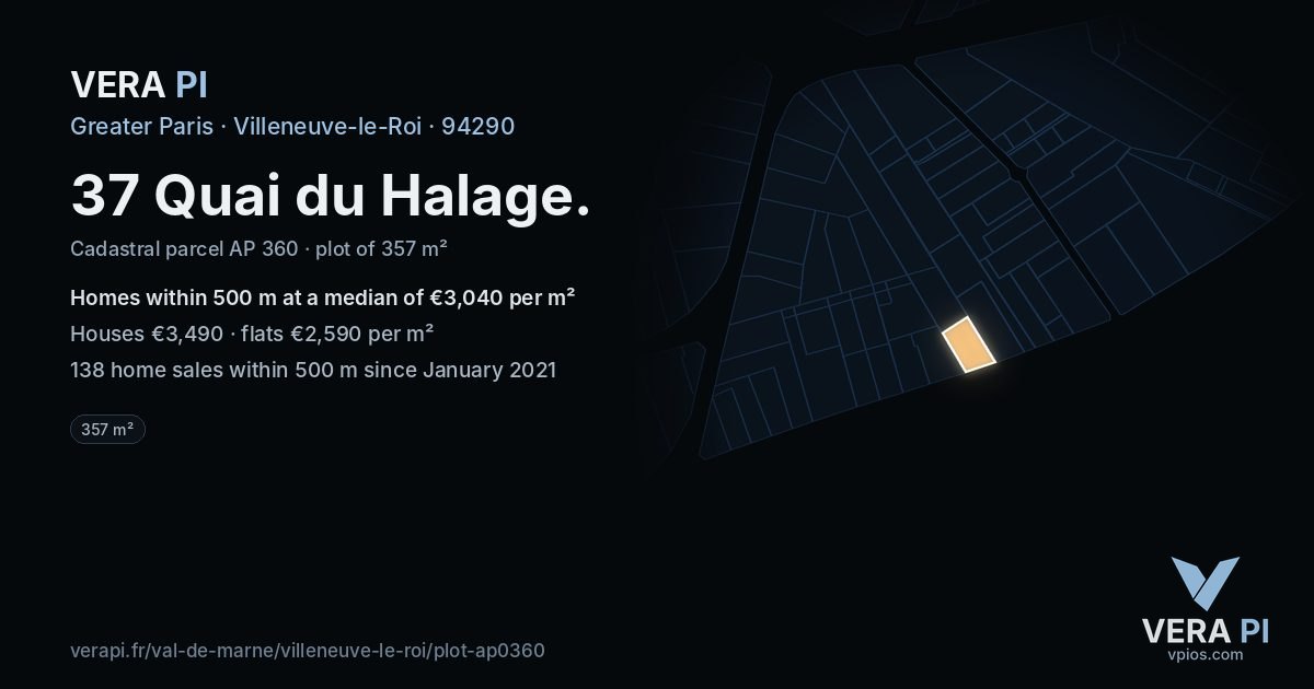 37 Quai du Halage, Villeneuve-le-Roi at night – the plot lit, the parcels around coloured by the prices near them