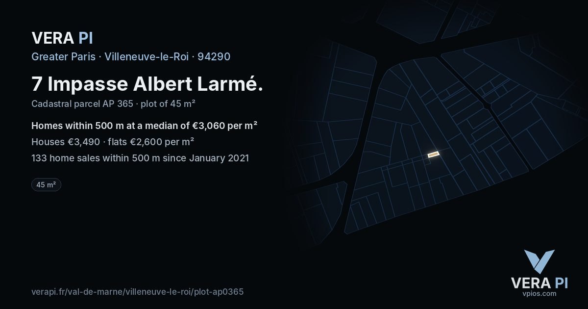 7 Impasse Albert Larmé, Villeneuve-le-Roi at night – the plot lit, the parcels around coloured by the prices near them