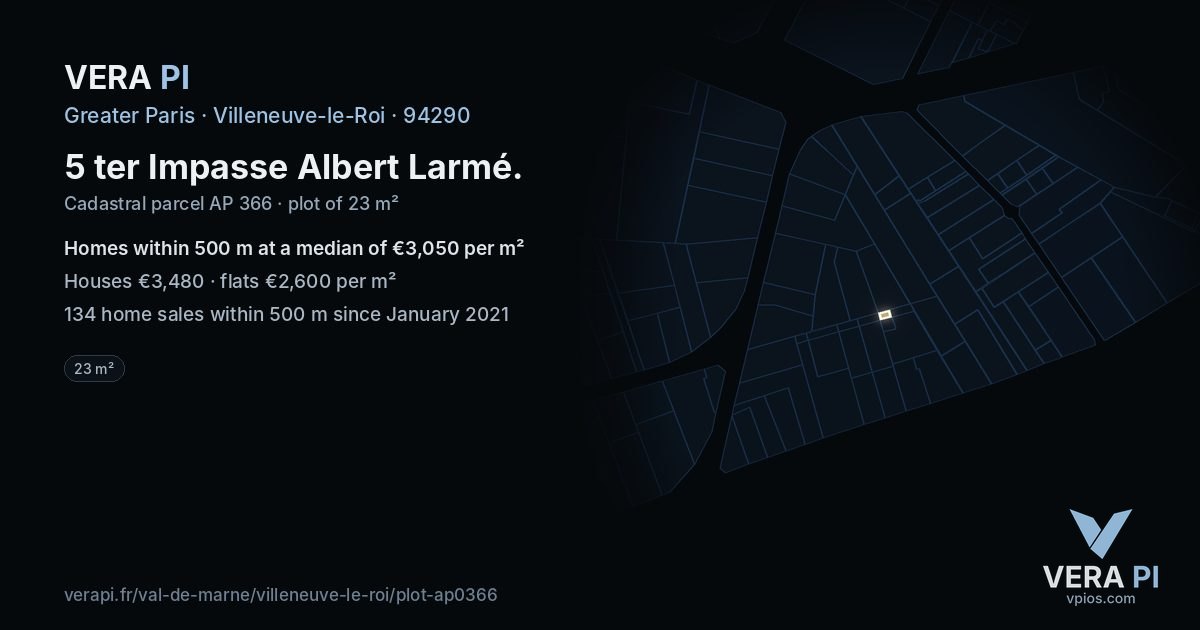 5 ter Impasse Albert Larmé, Villeneuve-le-Roi at night – the plot lit, the parcels around coloured by the prices near them