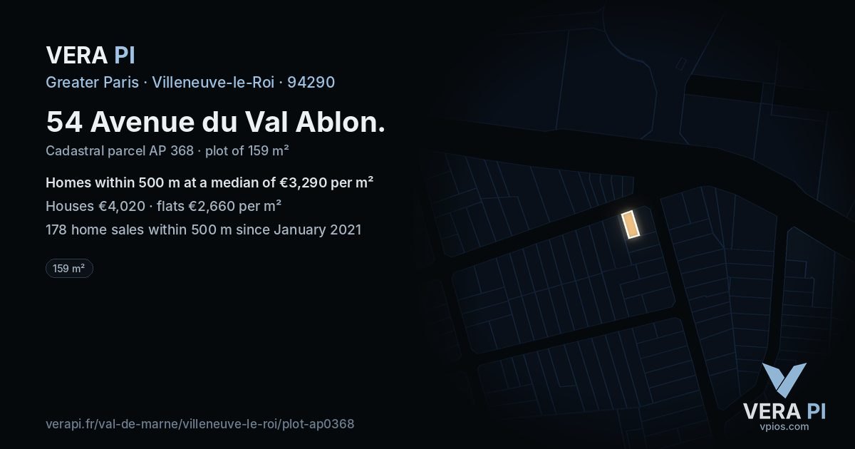 54 Avenue du Val Ablon, Villeneuve-le-Roi at night – the plot lit, the parcels around coloured by the prices near them