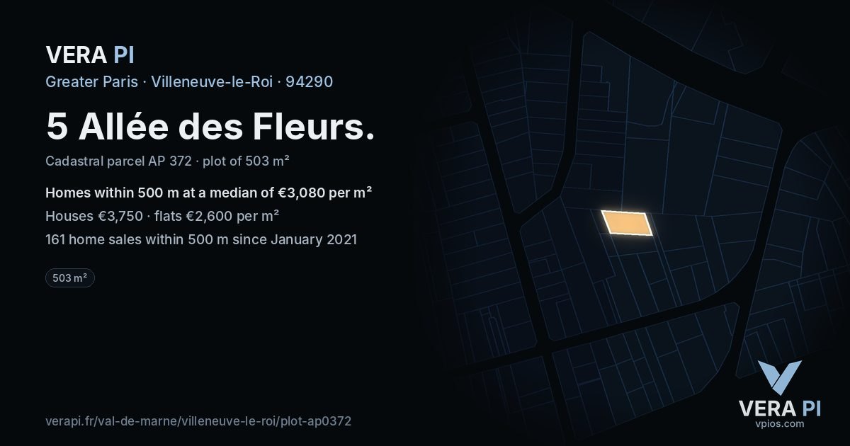 5 Allée des Fleurs, Villeneuve-le-Roi at night – the plot lit, the parcels around coloured by the prices near them