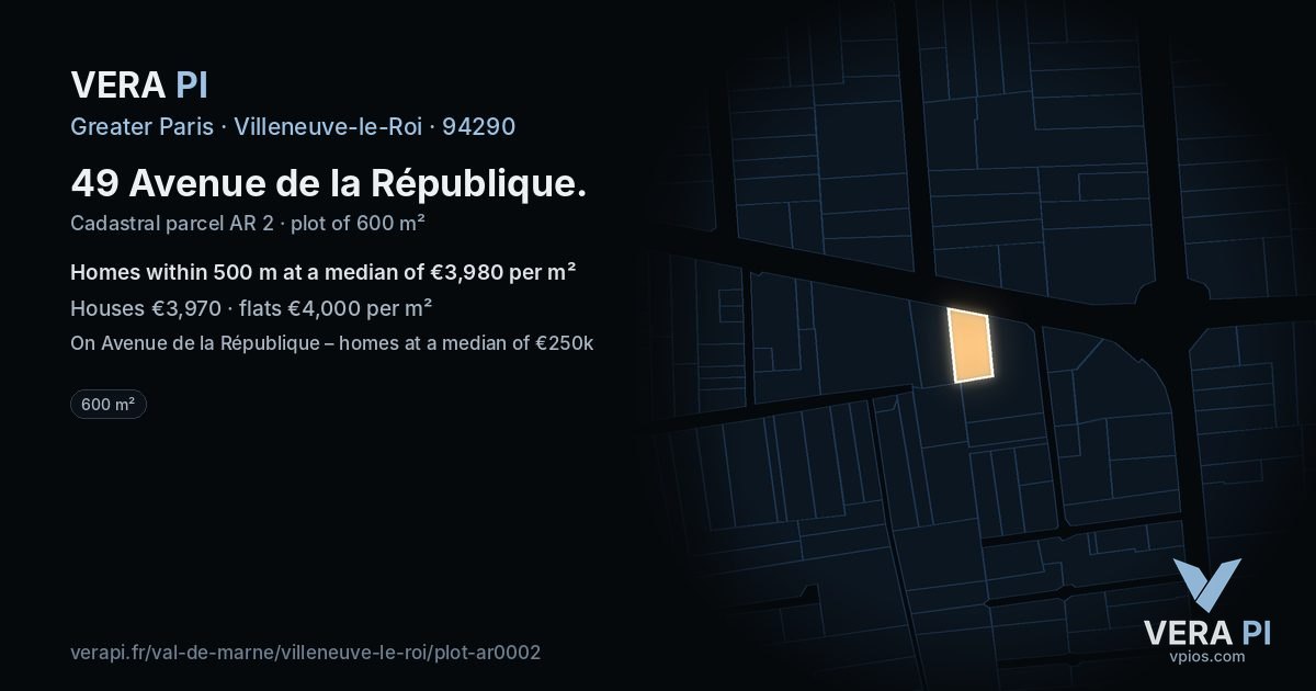 49 Avenue de la République, Villeneuve-le-Roi at night – the plot lit, the parcels around coloured by the prices near them