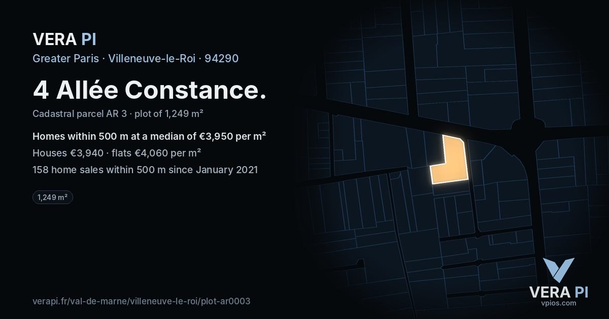 4 Allée Constance, Villeneuve-le-Roi at night – the plot lit, the parcels around coloured by the prices near them