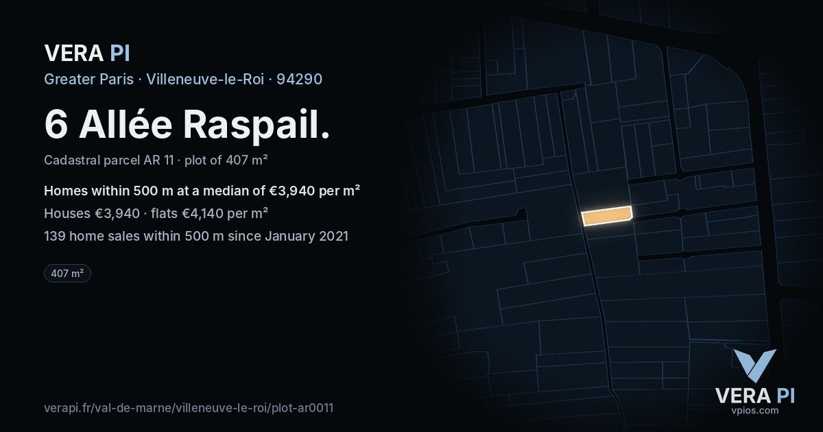 6 Allée Raspail, Villeneuve-le-Roi at night – the plot lit, the parcels around coloured by the prices near them