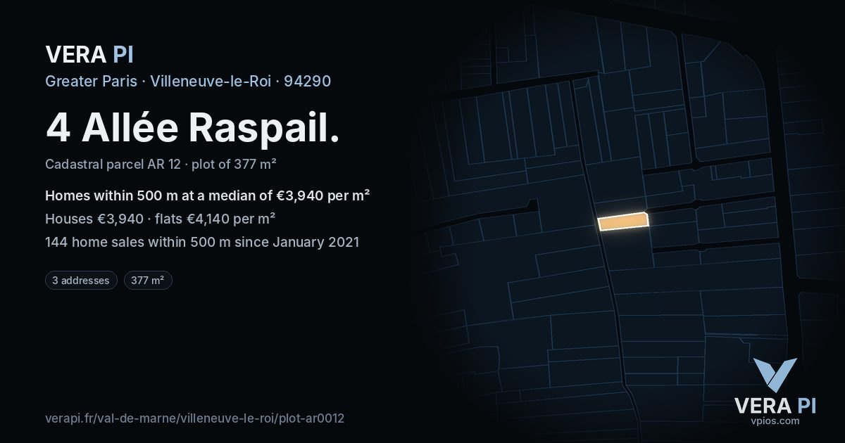 4 Allée Raspail, Villeneuve-le-Roi at night – the plot lit, the parcels around coloured by the prices near them