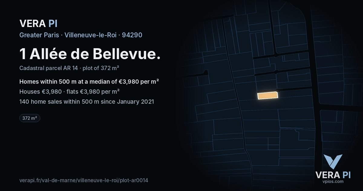 1 Allée de Bellevue, Villeneuve-le-Roi at night – the plot lit, the parcels around coloured by the prices near them