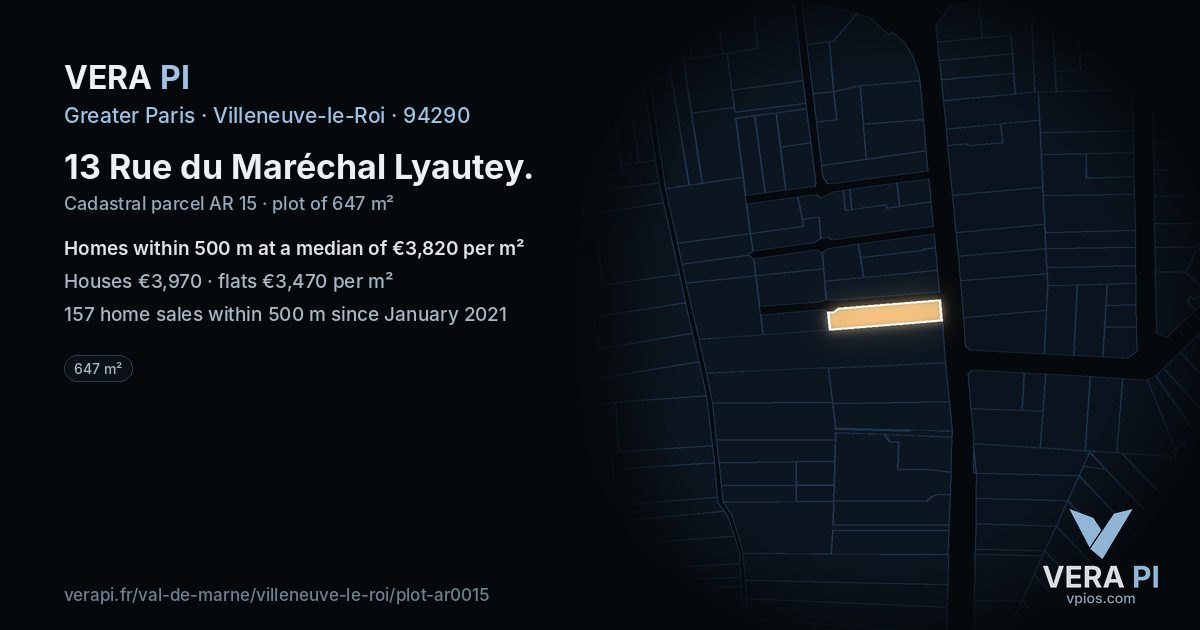 13 Rue du Maréchal Lyautey, Villeneuve-le-Roi at night – the plot lit, the parcels around coloured by the prices near them