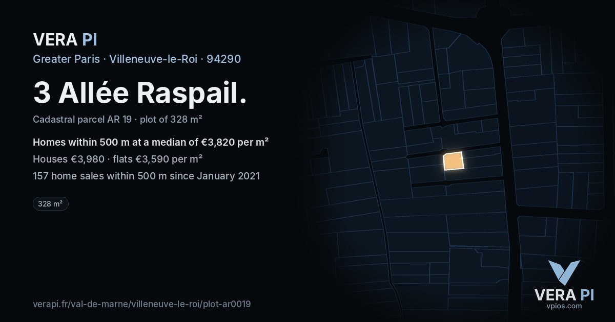 3 Allée Raspail, Villeneuve-le-Roi at night – the plot lit, the parcels around coloured by the prices near them