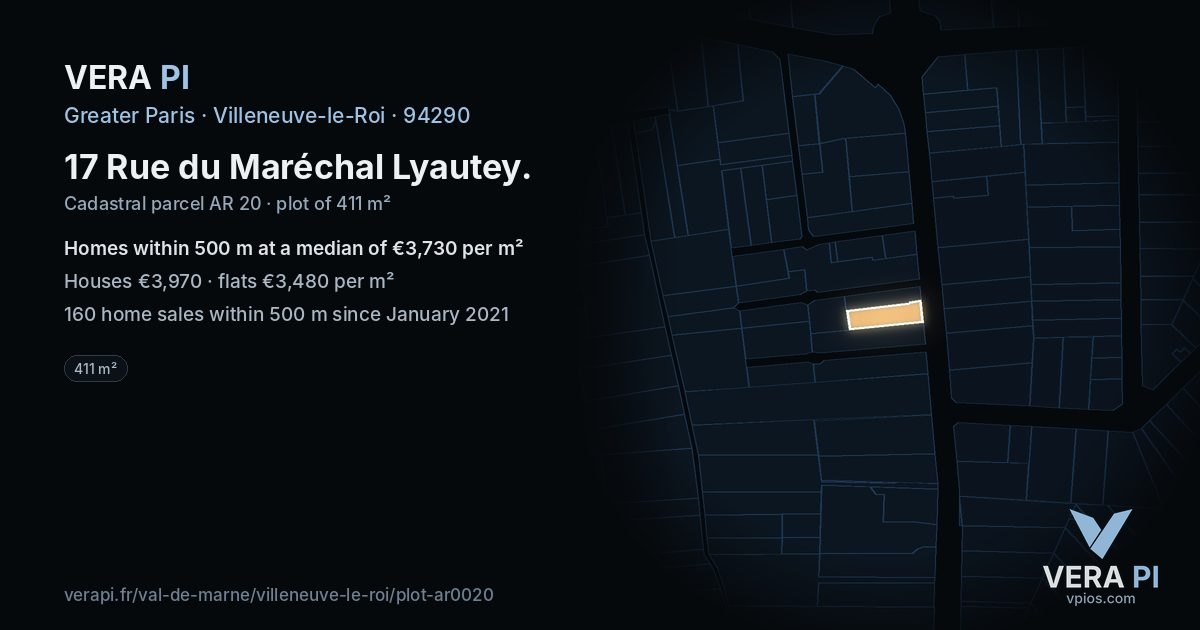 17 Rue du Maréchal Lyautey, Villeneuve-le-Roi at night – the plot lit, the parcels around coloured by the prices near them