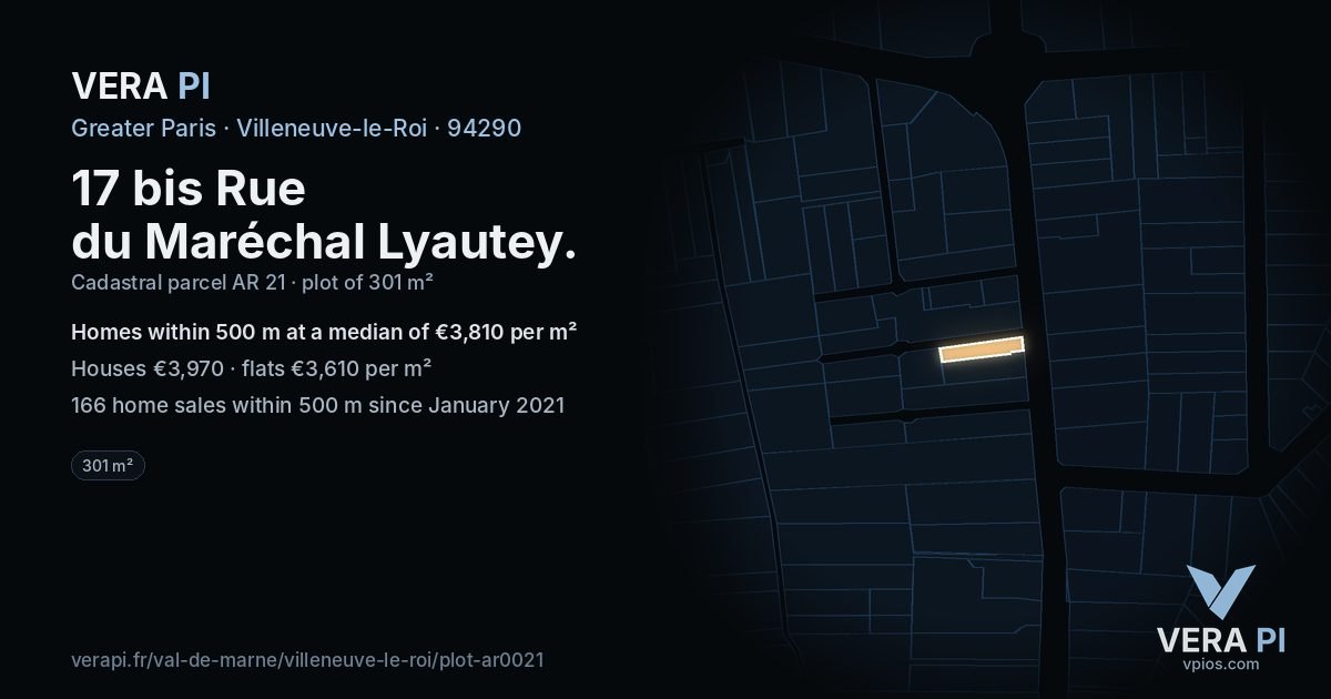 17 bis Rue du Maréchal Lyautey, Villeneuve-le-Roi at night – the plot lit, the parcels around coloured by the prices near them