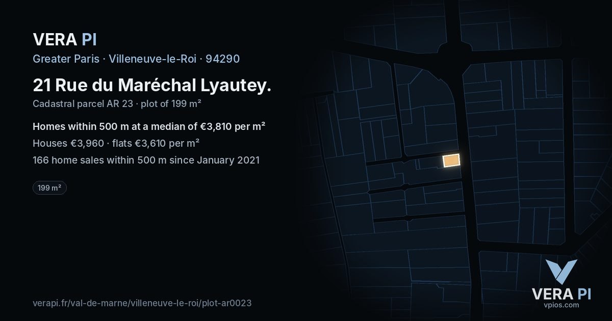 21 Rue du Maréchal Lyautey, Villeneuve-le-Roi at night – the plot lit, the parcels around coloured by the prices near them