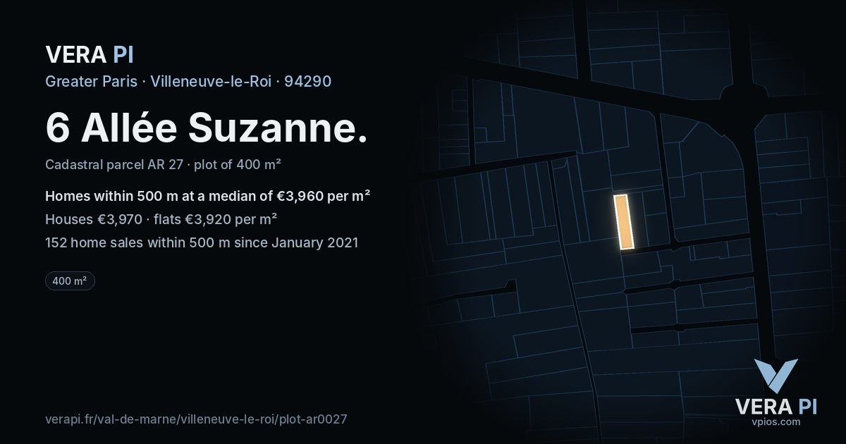 6 Allée Suzanne, Villeneuve-le-Roi at night – the plot lit, the parcels around coloured by the prices near them
