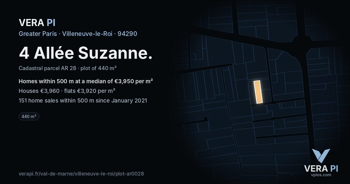 4 Allée Suzanne, Villeneuve-le-Roi at night – the plot lit, the parcels around coloured by the prices near them