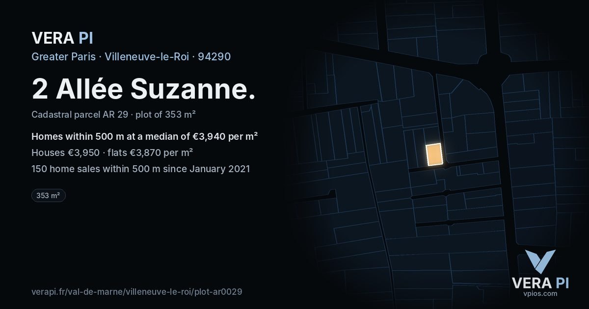 2 Allée Suzanne, Villeneuve-le-Roi at night – the plot lit, the parcels around coloured by the prices near them