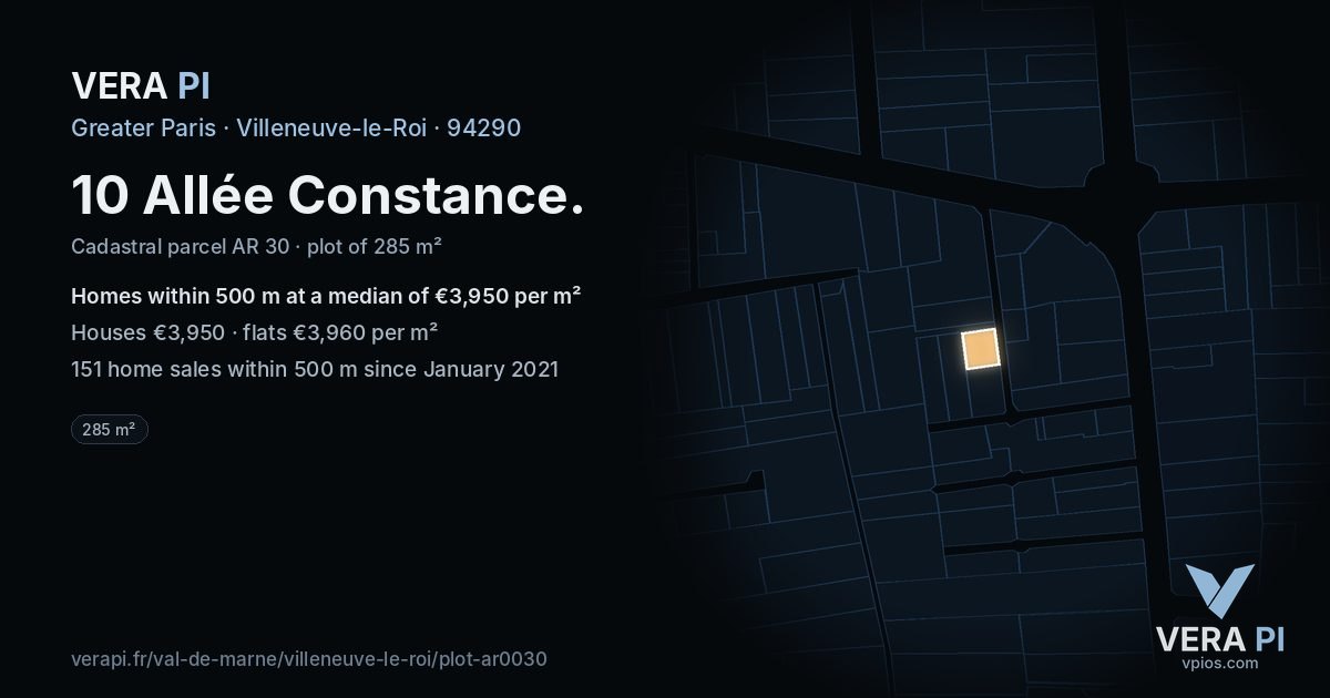 10 Allée Constance, Villeneuve-le-Roi at night – the plot lit, the parcels around coloured by the prices near them