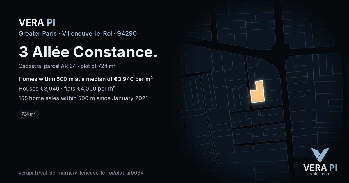 3 Allée Constance, Villeneuve-le-Roi at night – the plot lit, the parcels around coloured by the prices near them